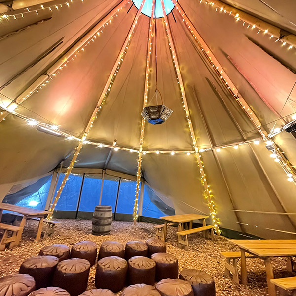 Inside the Tipi with twinkling lights