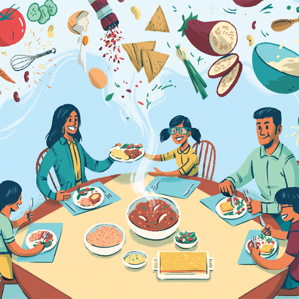 Artwork of family eating a dinner together