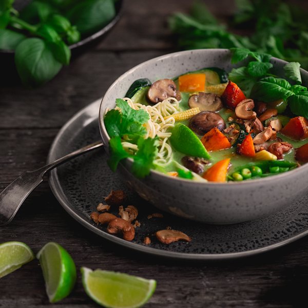 Vegan thai green curry in a bowl