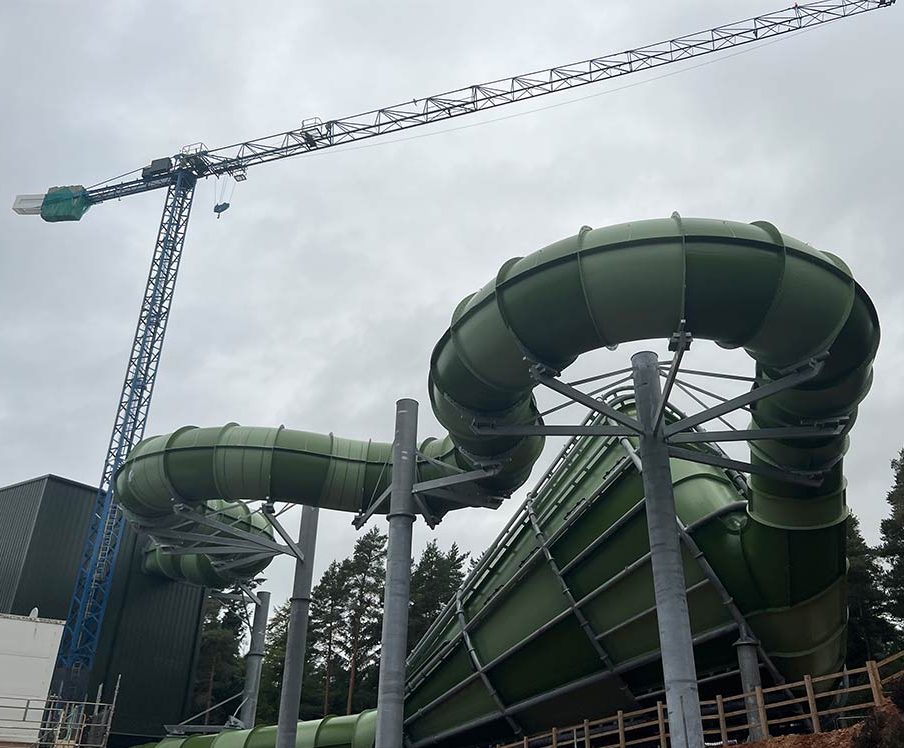 Image of the new Tropical Cyclone ride at Whinfell Forest with a crane above it