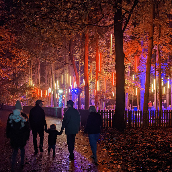 A family walking through a lit-up forest 