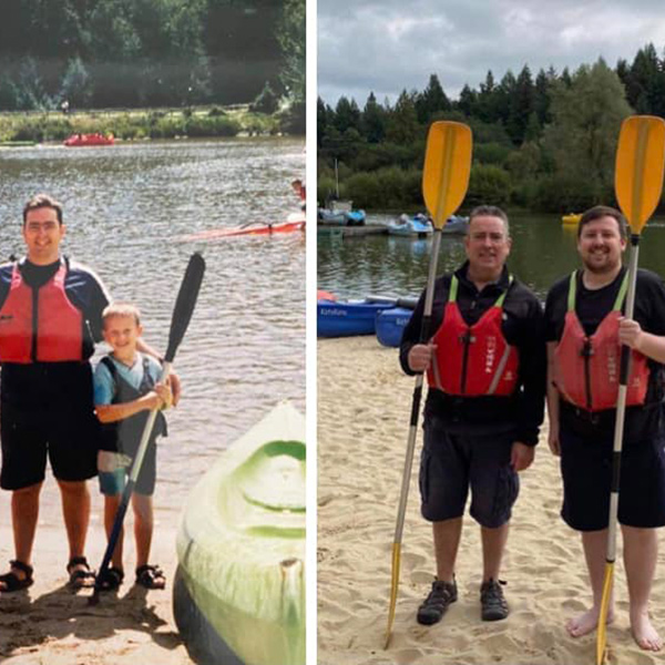 A father and son together by the lake in two images years apart