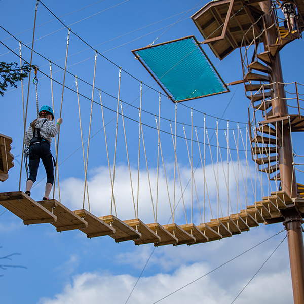 A girl ascends a rope bridge on an obstacle course in the trees