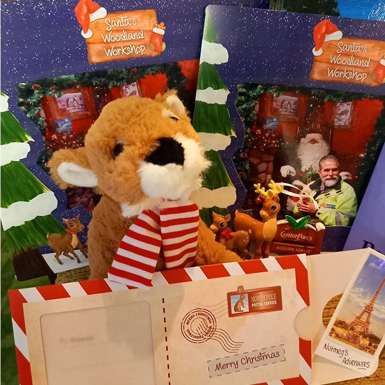 The gift given to Rowan, Nutmeg plush toy, pictures of Paris and Nutmeg with santa