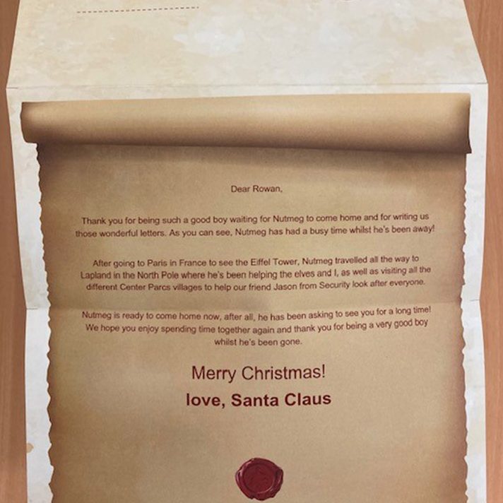 a letter to Rowan from Santa describing the places Nutmeg had travelled to