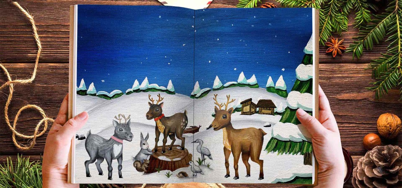An open book with reindeer characters in it 