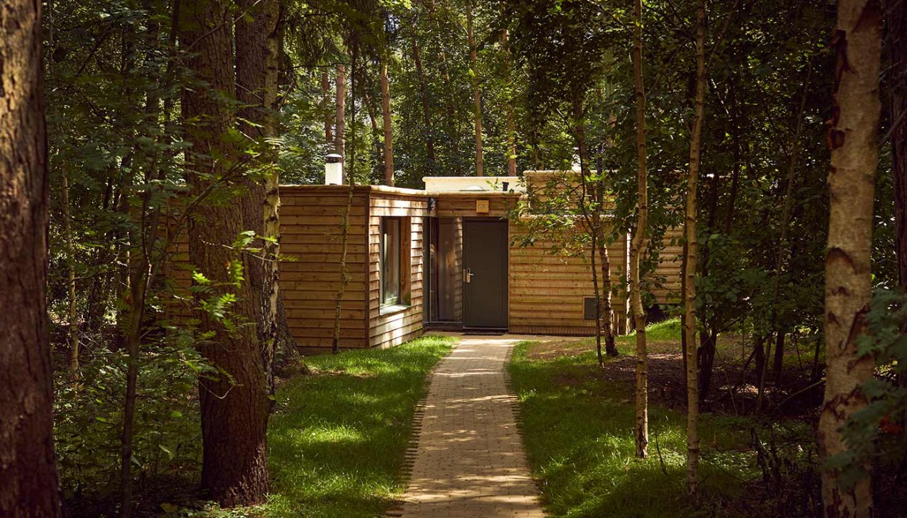 The exterior of a two bedroom woodland lodge