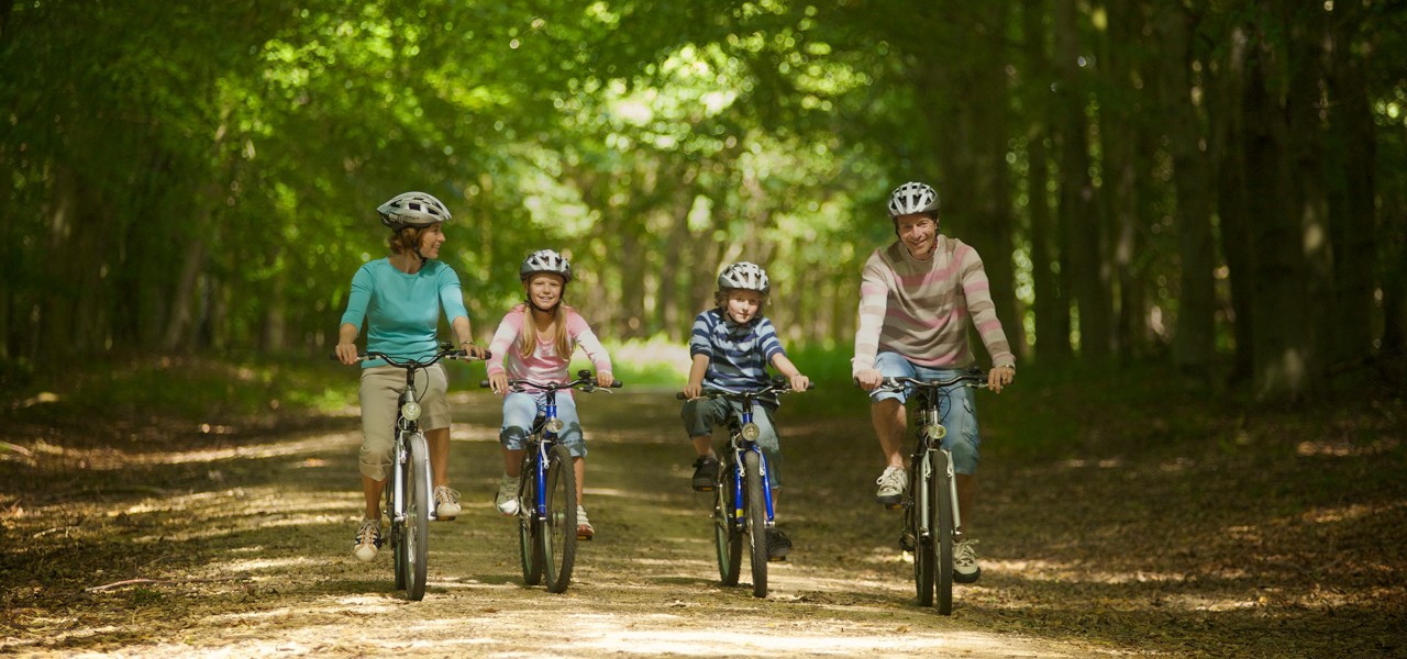 Family riding bikes through forest