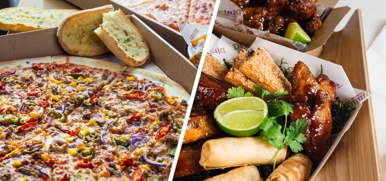 Takeaway food including a pizza and garlic bread as well as prawn toast and spring rolls 