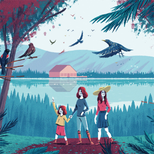 Artwork of family in front of lake