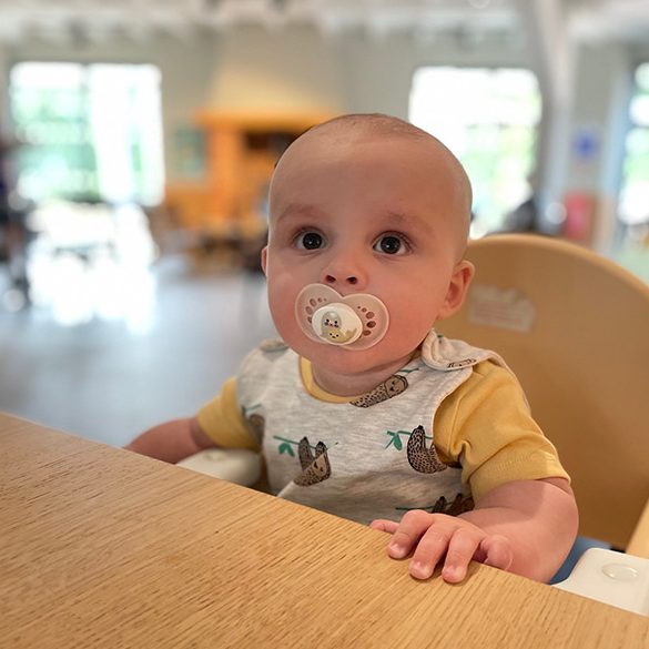 Wilf at 6 months old sitting in a highchair at one of the Center Parcs restaurants