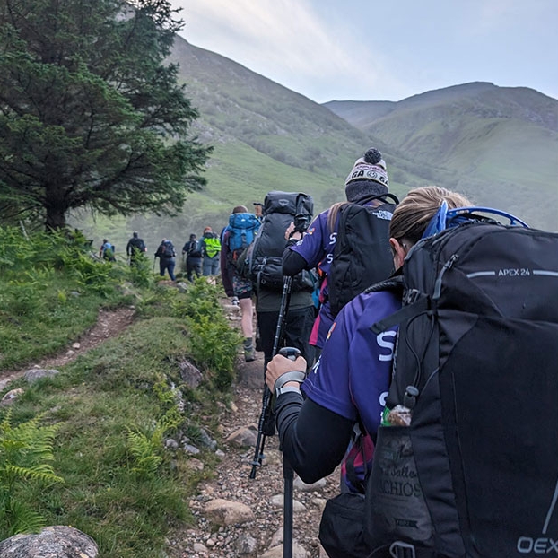 A group of center parcs colleagues hiking on a trail