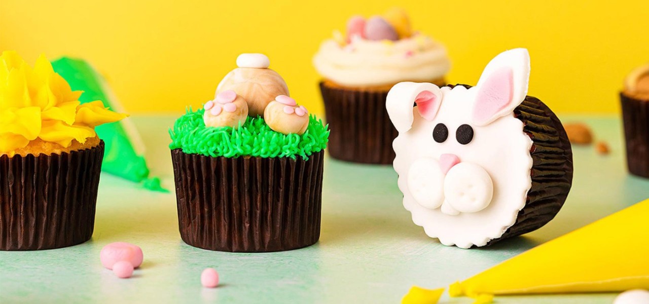 Cupcakes decorated as eggs and a bunny