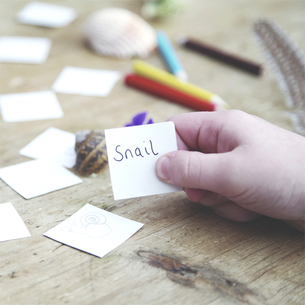 Hands holding a piece of paper saying the word 'snail' next to a snail shell.