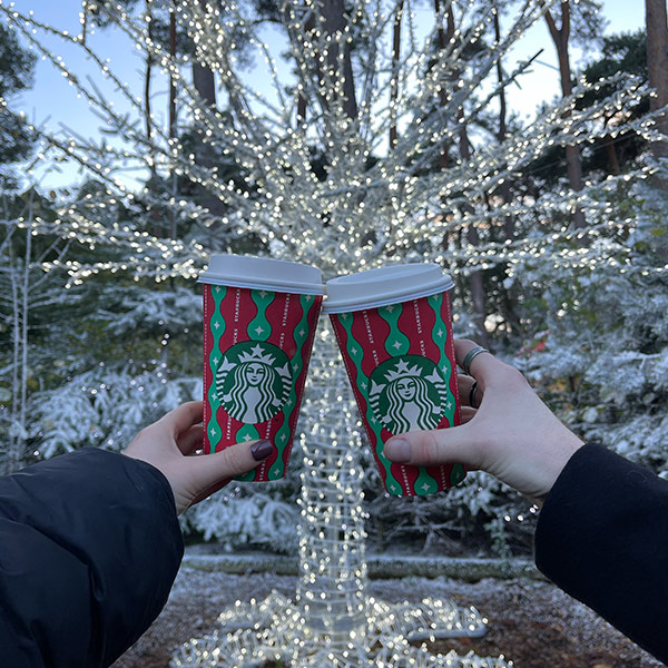 Two Starbucks cups cheering in front of a lit-up tree