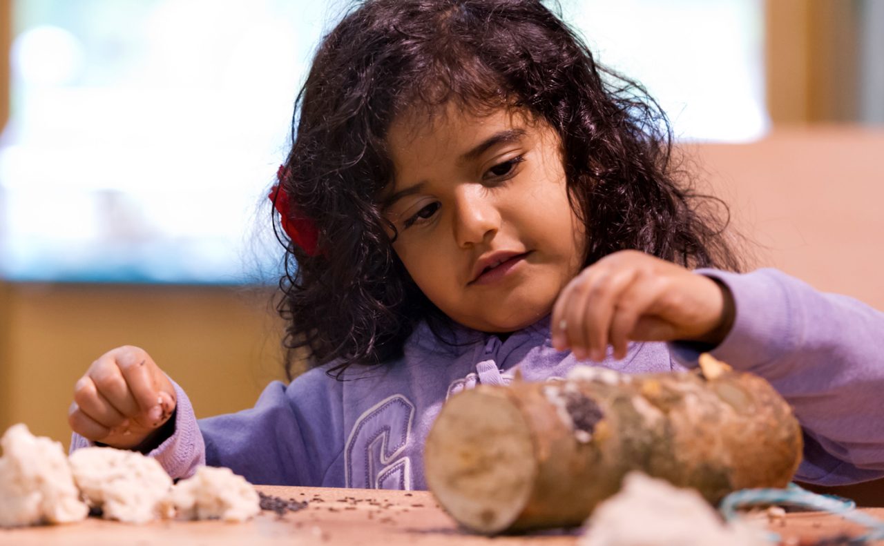 young girl making a bird feeder 