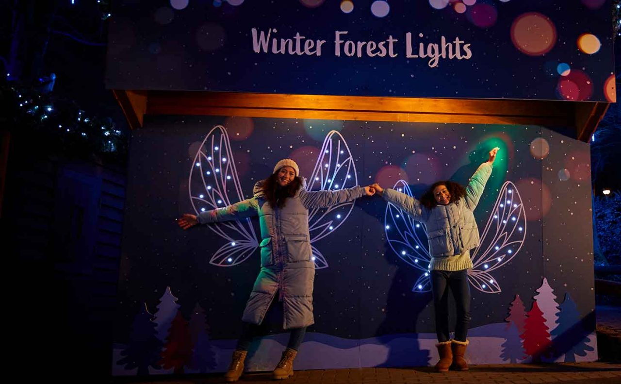 Family walk through Winter Forest Lights