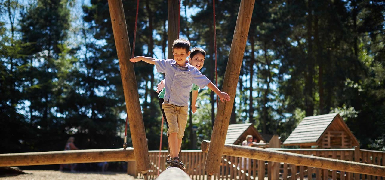 Boys crossing balance beam in playground