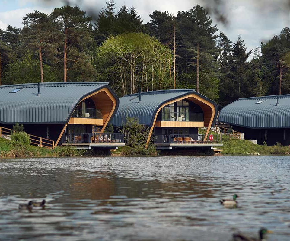 A view of our Waterside Lodges across the lake, which has ducks swimming on