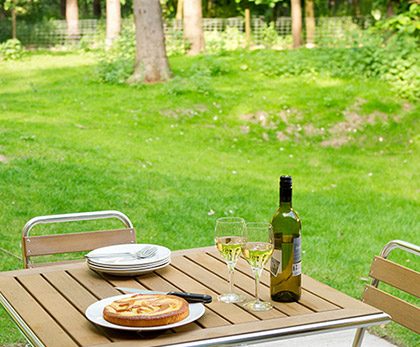 A bottle of wine and glasses and food on the terrace with views of the forest