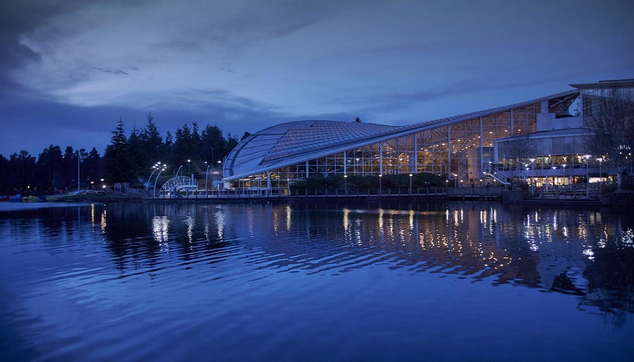 The Subtropical Swimming Paradise overlooking the lake at Whinfell Forest at night.