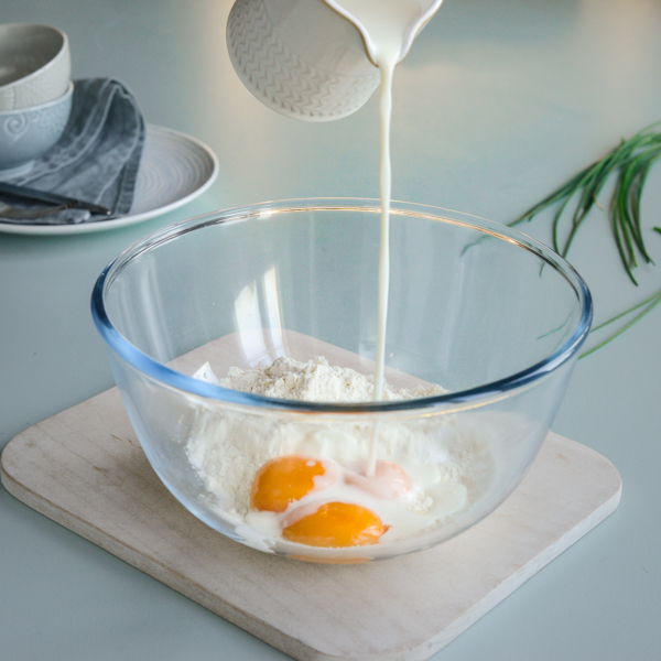 Eggs and flour in a mixing bowl