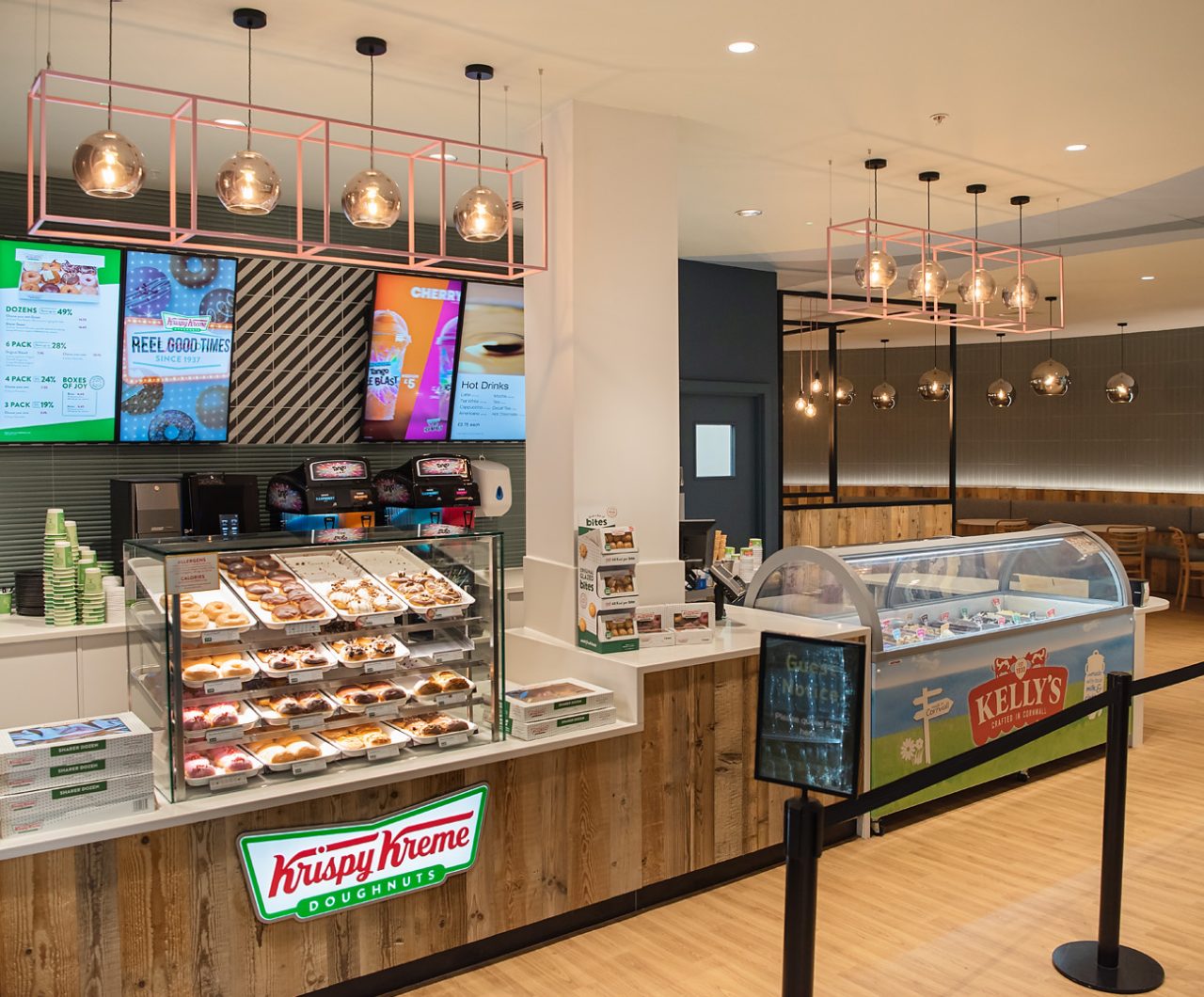 Image of our new cafe bar Refresh with Krispy Kreme doughnut and Kelly's Ice Cream stand