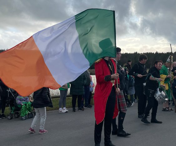 Image of someone carrying the Ireland flag in a parade