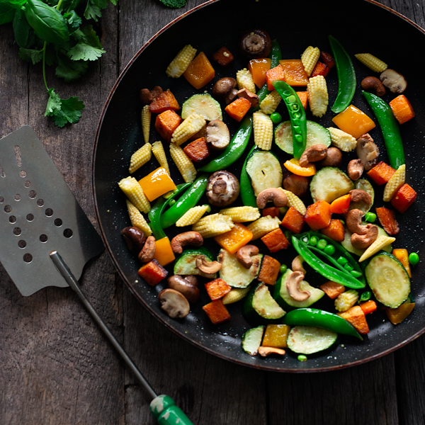 Mixed vegetables on a frying pan