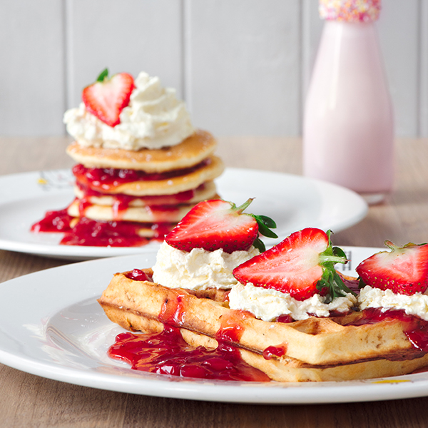 Strawberries and cream pancakes and waffles