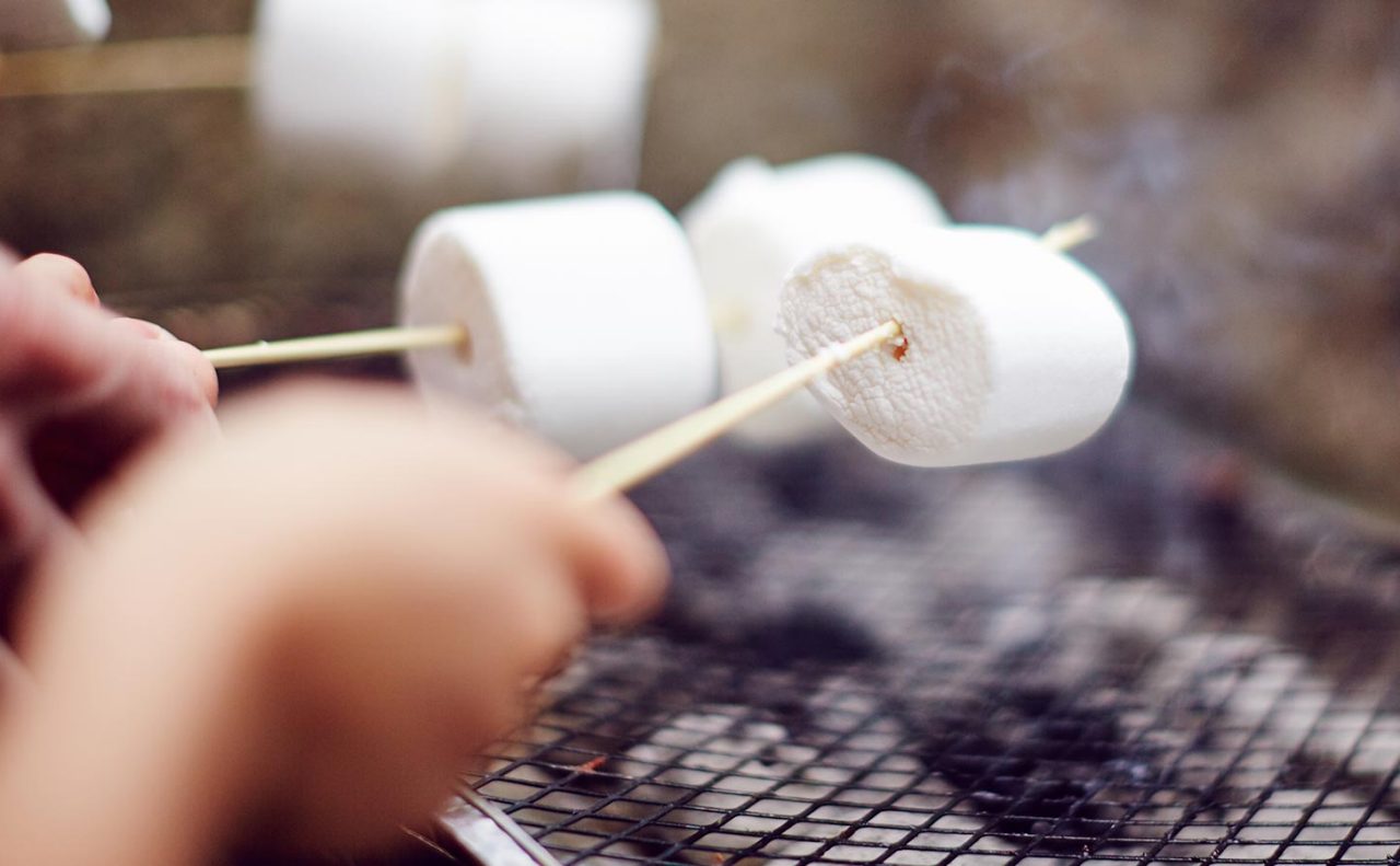 picture of hands holding marshmallows on sticks toasting over a barbecue 