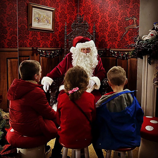 Santa talking to three children in Santa's Woodland Workshop